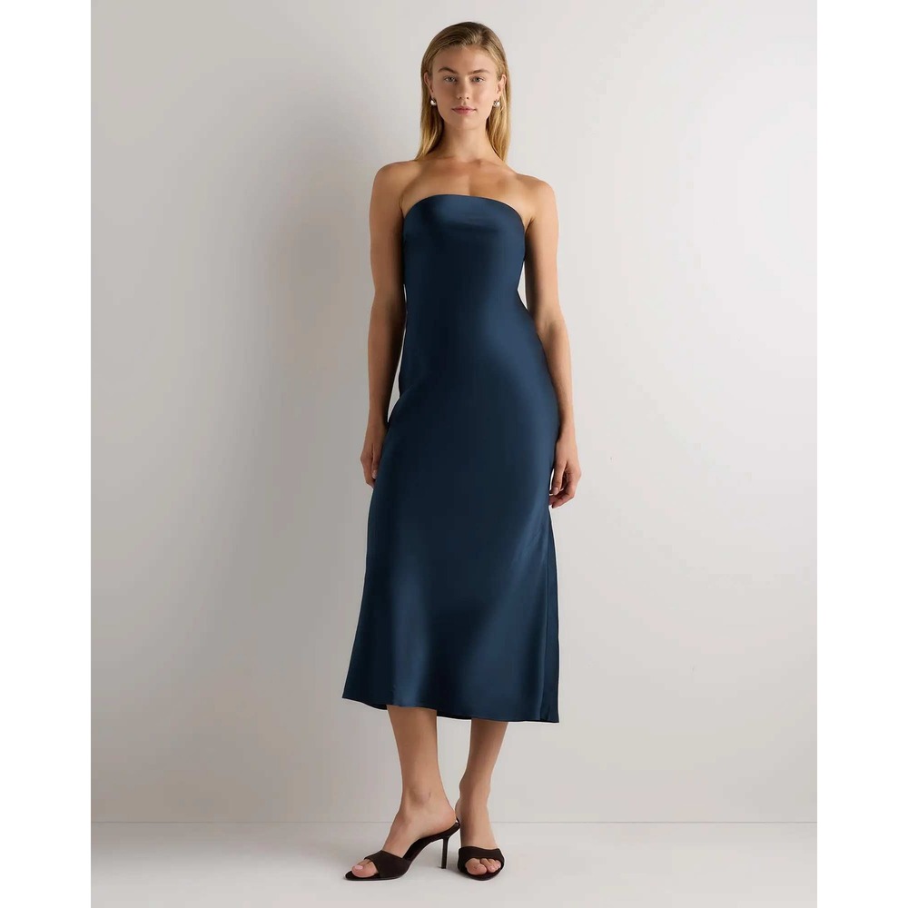 Quince Washable Silk Strapless Midi Dress Navy Blue Small NWT Mulberry Satin
